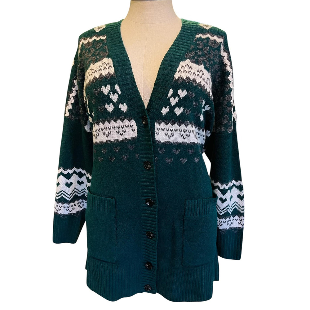 Torrid 3 (3X) Green Hearts & Leopard Fair‎ Isle Vegan Cashmere Cardigan Sweater